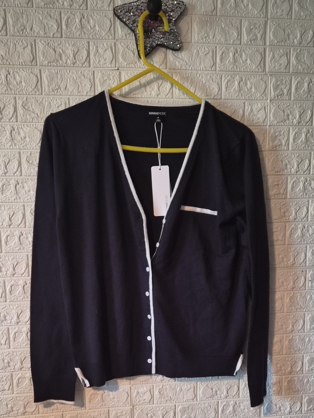 Minnie Rose navy and white button cardigan nwt